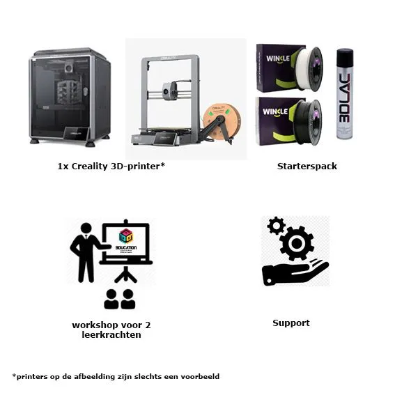 Voorbeeld van het Single-pakket: 1 Creality 3D-printer, starterspack, workshop voor 2 leerkrachten en support.